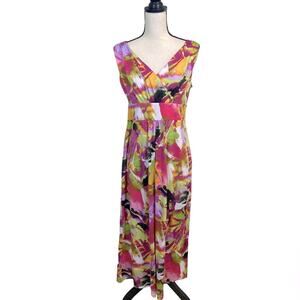 Slinky Brand Paintbrush Pattern Empire Waist Jersey Maxi Dress Size Medium